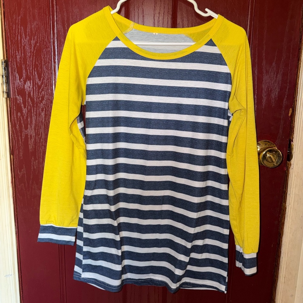 Women’s Yellow Sleeve Navy & White Striped Raglan Top